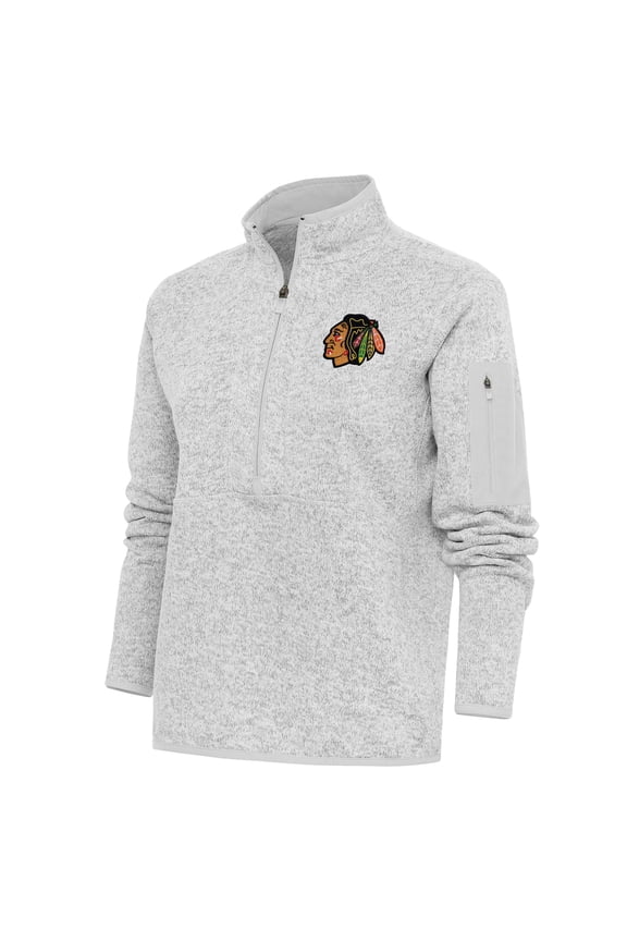 Women's Antigua Heather Gray Chicago Blackhawks Team Logo Fortune Quarter-Zip Jacket
