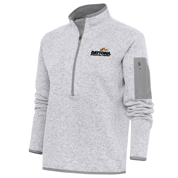 Women's Antigua Heather Gray Daytona International Speedway Fortune 1/2 Zip Pullover Sweater