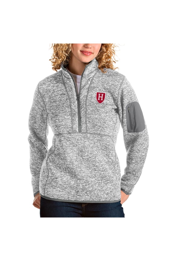 Women's Antigua Heather Gray Harvard Crimson Fortune Half-Zip Pullover Jacket