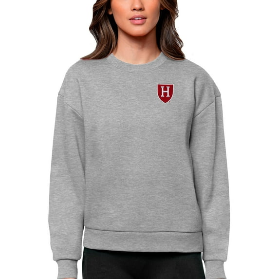 Women's Antigua Heather Gray Harvard Crimson Logo Victory Crewneck Pullover Sweatshirt