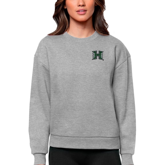 Women's Antigua Heather Gray Hawaii Warriors Logo Victory Crewneck Pullover Sweatshirt