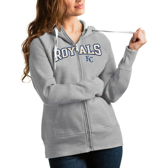 Women's Antigua Heather Gray Kansas City Royals Team Logo Victory Full-Zip Hoodie