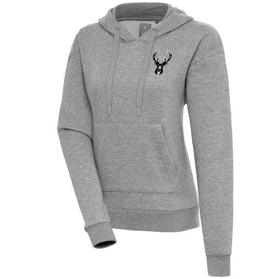 Women's Antigua Heather Gray Milwaukee Bucks Brushed Metallic Victory Pullover Hoodie
