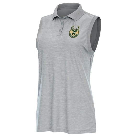 Women's Antigua Heather Gray Milwaukee Bucks Recap Sleeveless Polo