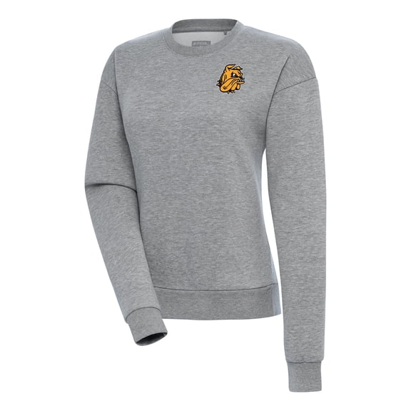 Women's Antigua Heather Gray Minnesota Duluth Bulldogs Logo Victory Crewneck Pullover Sweatshirt