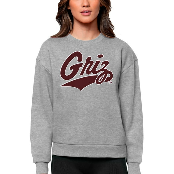 Women's Antigua Heather Gray Montana Grizzlies Victory Crewneck Pullover Sweatshirt
