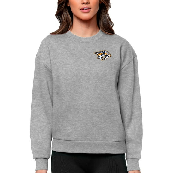 Women's Antigua Heather Gray Nashville Predators Primary Logo Victory Crewneck Pullover Sweatshirt