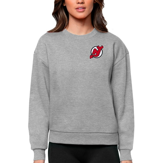 Women's Antigua Heather Gray New Jersey Devils Primary Logo Victory Crewneck Pullover Sweatshirt