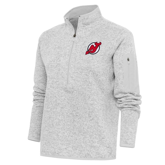 Women's Antigua Heather Gray New Jersey Devils Team Logo Fortune Quarter-Zip Jacket