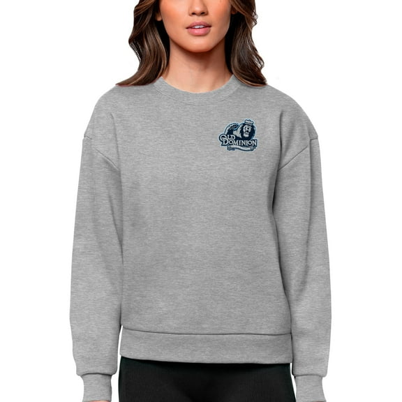 Women's Antigua Heather Gray Old Dominion Monarchs Logo Victory Crewneck Pullover Sweatshirt