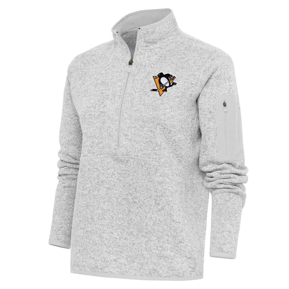Women's Antigua Heather Gray Pittsburgh Penguins Team Logo Fortune Quarter-Zip Jacket