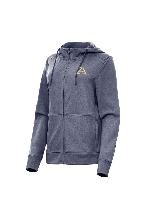 Women's Antigua Heather Navy Akron Zips Seeker Full-Zip Hoodie
