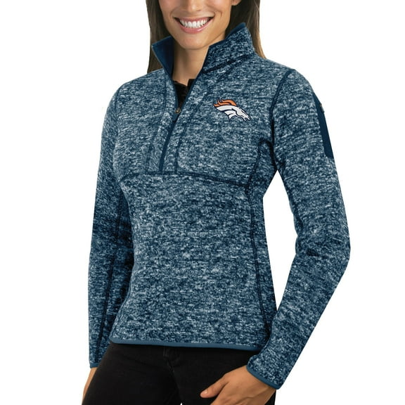 Women's Antigua Heather Navy Denver Broncos Fortune Half-Zip Sweater