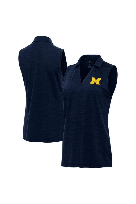 Women's Antigua Heather Navy Michigan Wolverines Layout Sleeveless V-Neck Polo