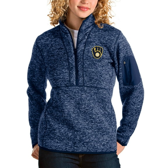 Women's Antigua Heather Navy Milwaukee Brewers Fortune Half-Zip Pullover Jacket