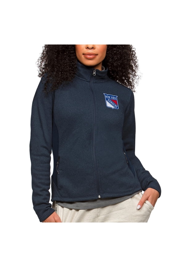 Women's Antigua Heather Navy New York Rangers Primary Logo Course Full-Zip Jacket
