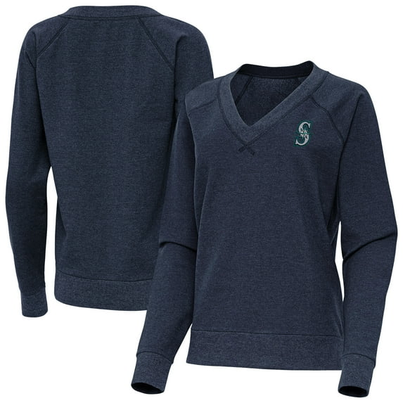 Women's Antigua Heather Navy Seattle Mariners Varsity Tri-Blend V-Neck Long Sleeve T-Shirt