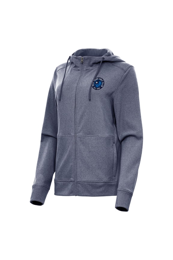 Women's Antigua Heather Navy TGL New York Golf Club Seeker Full-Zip Hoodie