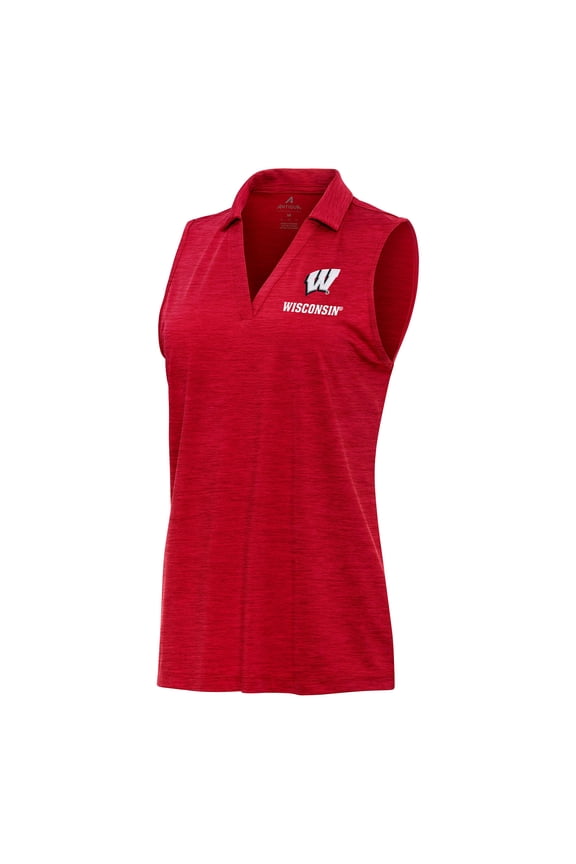Women's Antigua Heather Red Wisconsin Badgers Layout Sleeveless V-Neck Polo