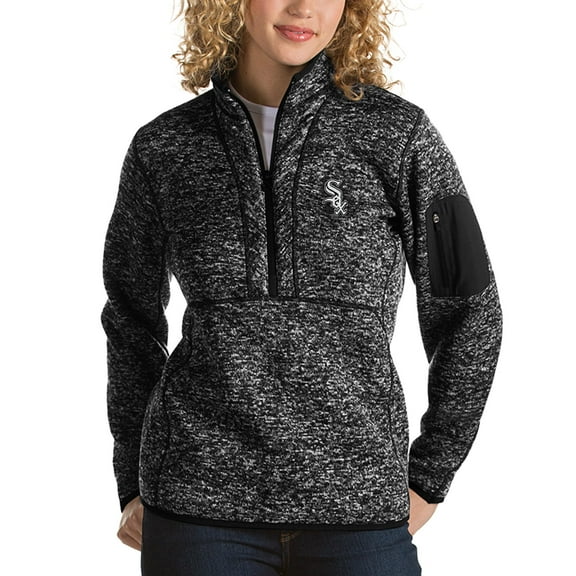 Women's Antigua Heathered Black Chicago White Sox Fortune Half-Zip Pullover Sweater
