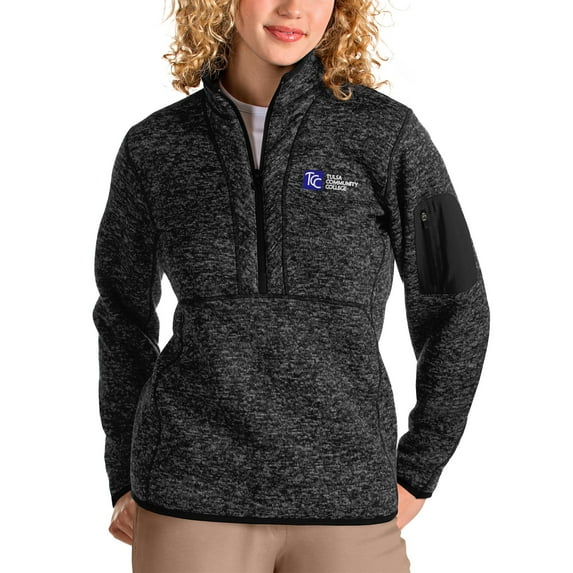 Women's Antigua Heathered Black Tulsa Community College Fortune Quarter-Zip Pullover Jacket