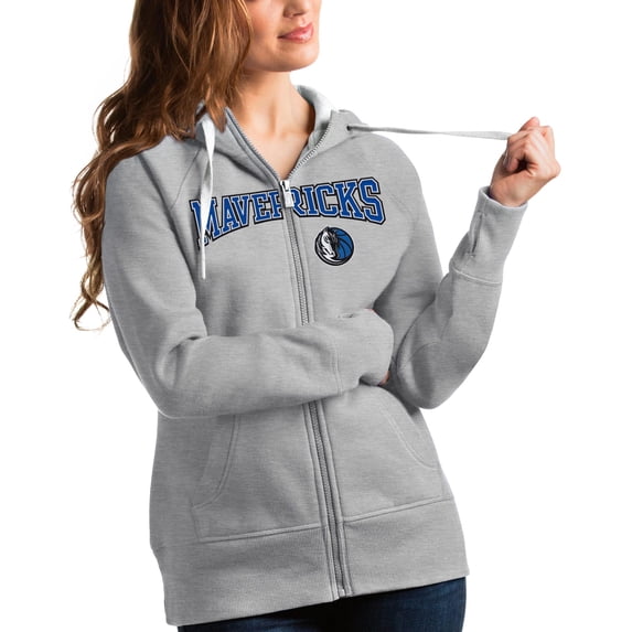 Women's Antigua Heathered Gray Dallas Mavericks Team Victory Full-Zip Hoodie