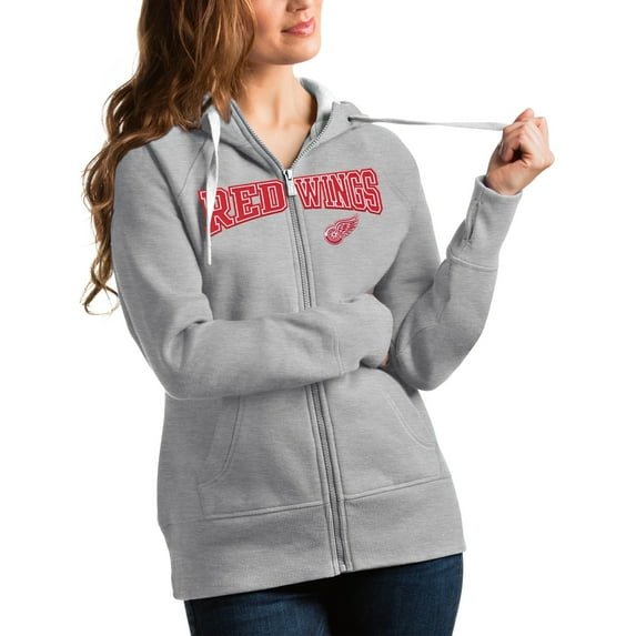 Women's Antigua Heathered Gray Detroit Red Wings Wordmark Victory Full-Zip Hoodie