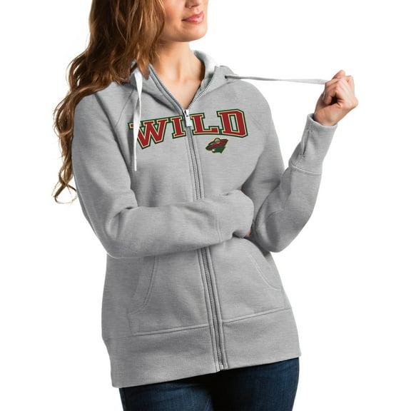 Women's Antigua Heathered Gray Minnesota Wild Wordmark Victory Full-Zip Hoodie