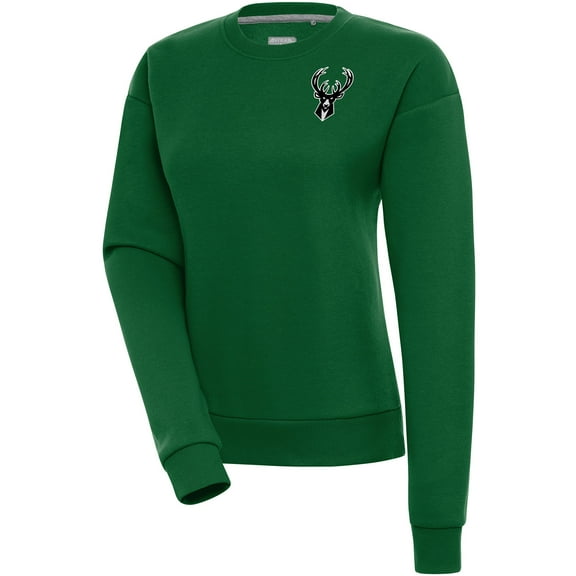 Women's Antigua  Hunter Green Milwaukee Bucks Brushed Metallic Victory Pullover Sweatshirt