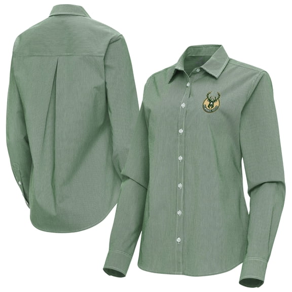 Women's Antigua Hunter Green Milwaukee Bucks Porter Woven Long Sleeve Button-Up Shirt