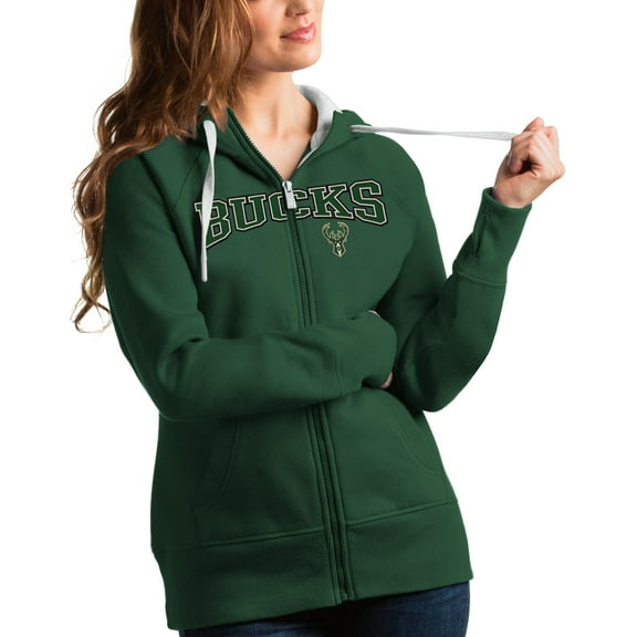 Women's Antigua Hunter Green Milwaukee Bucks Team Victory Full-Zip Hoodie