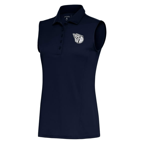 Women's Antigua Navy Cleveland Guardians Brushed Metallic Sleeveless Tribute Polo
