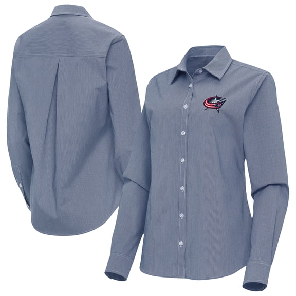 Women's Antigua Navy Columbus Blue Jackets Porter Woven Tri-Blend Long Sleeve Button-Up Shirt