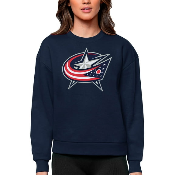Women's Antigua Navy Columbus Blue Jackets Primary Logo Team Logo Victory Crewneck Pullover Sweatshirt
