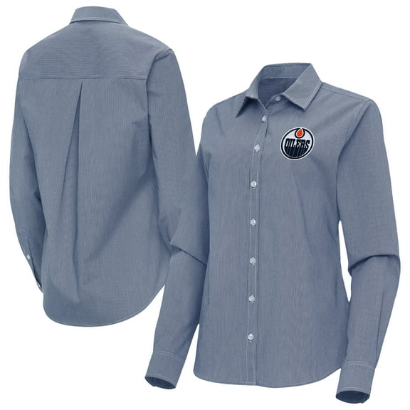 Women's Antigua Navy Edmonton Oilers Porter Woven Tri-Blend Long Sleeve Button-Up Shirt