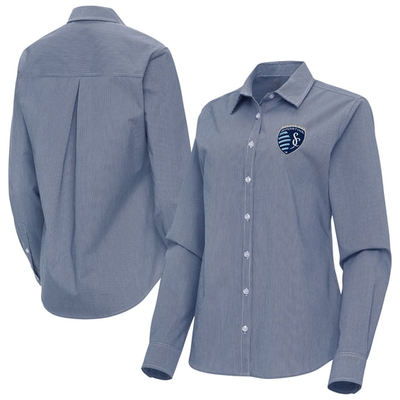 Women's Antigua Navy Sporting Kansas City Porter Woven Tri-Blend Long Sleeve Button-Up Shirt