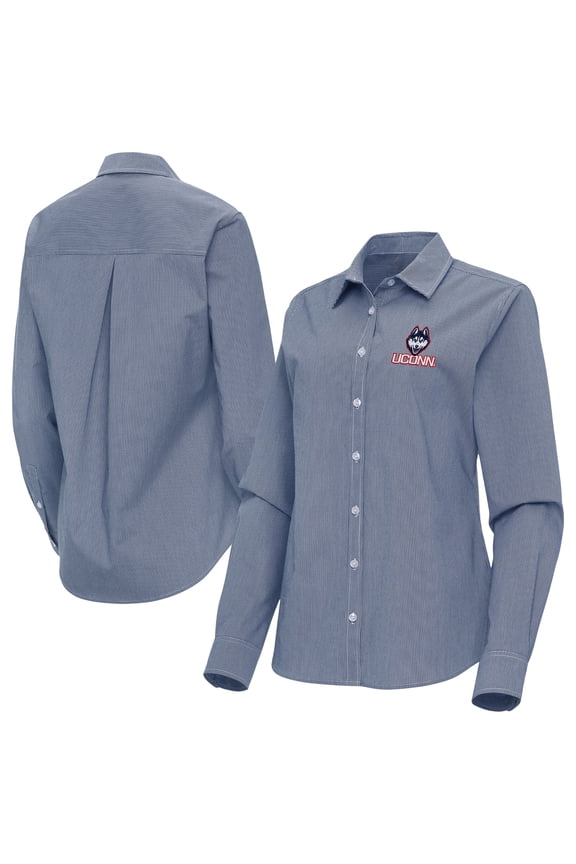 Women's Antigua Navy UConn Huskies Porter Woven Tri-Blend Long Sleeve Button-Up Shirt
