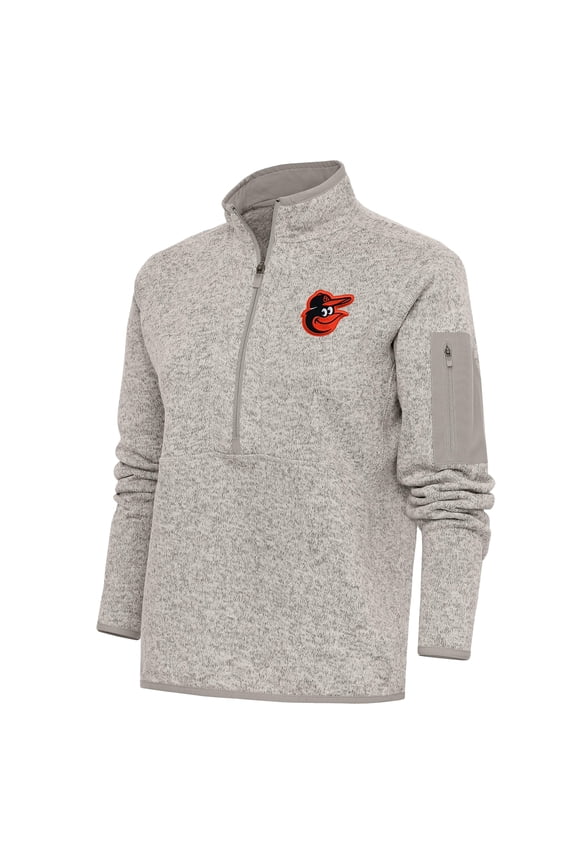 Women's Antigua Oatmeal Baltimore Orioles Logo Fortune Quarter-Zip Pullover Jacket