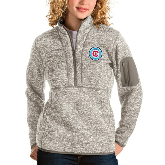 Women's Antigua Oatmeal Chicago Fire Logo Fortune Quarter-Zip Pullover Jacket