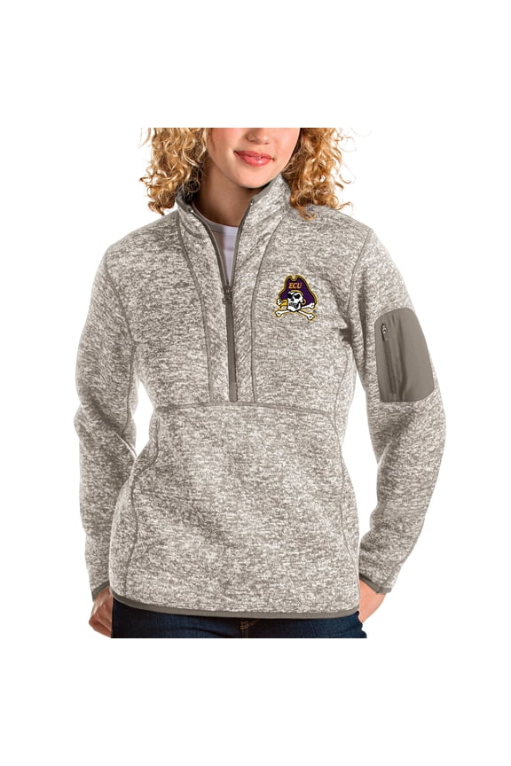 Women's Antigua Oatmeal ECU Pirates Fortune Half-Zip Pullover Sweater