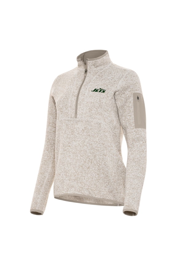 Women's Antigua Oatmeal New York Jets  Fortune Half-Zip Jacket