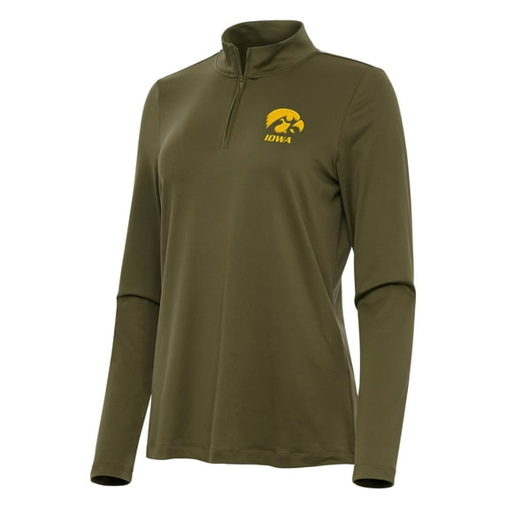 Women's Antigua Olive Iowa Hawkeyes Reprocess Quarter-Zip Top