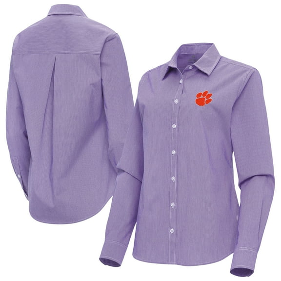 Women's Antigua Purple Clemson Tigers Porter Woven Tri-Blend Long Sleeve Button-Up Shirt