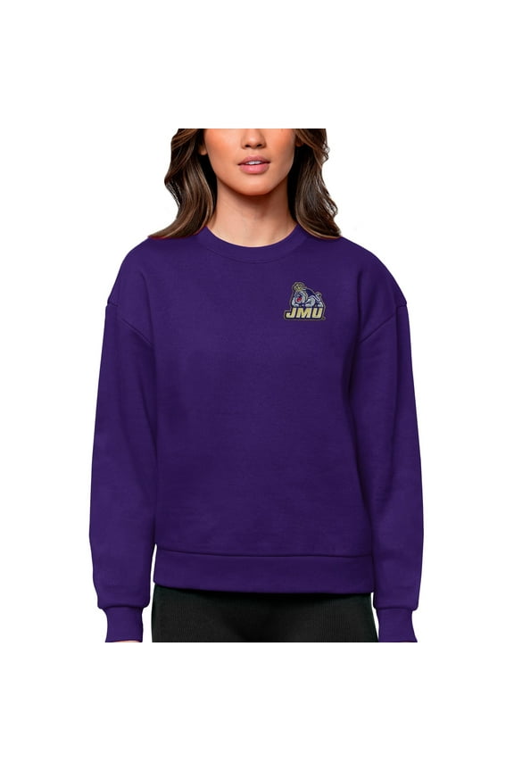 Women's Antigua Purple James Madison Dukes Logo Victory Crewneck Pullover Sweatshirt