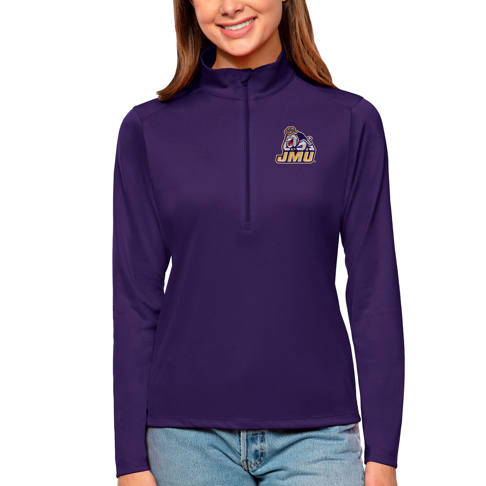 Women's Antigua Purple James Madison Dukes Tribute Quarter-Zip