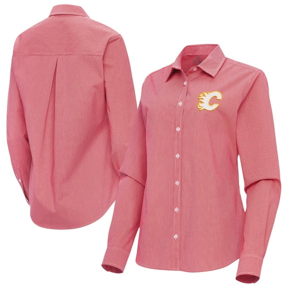 Women's Antigua Red Calgary Flames Porter Woven Tri-Blend Long Sleeve Button-Up Shirt