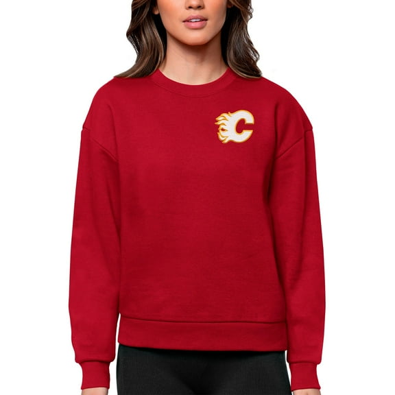 Women's Antigua Red Calgary Flames Primary Logo Victory Crewneck Pullover Sweatshirt