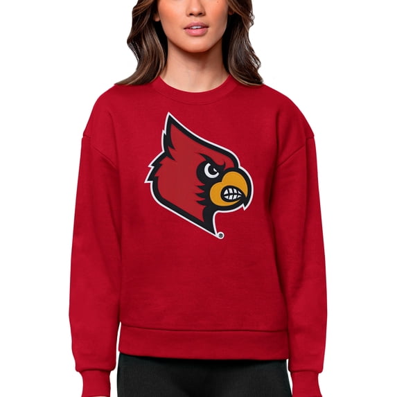 Women's Antigua Red Louisville Cardinals Victory Crewneck Pullover Sweatshirt