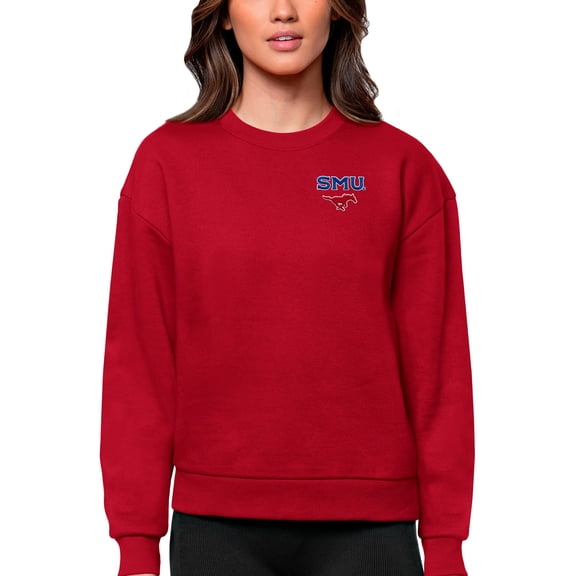 Women's Antigua Red SMU Mustangs Logo Victory Crewneck Pullover Sweatshirt