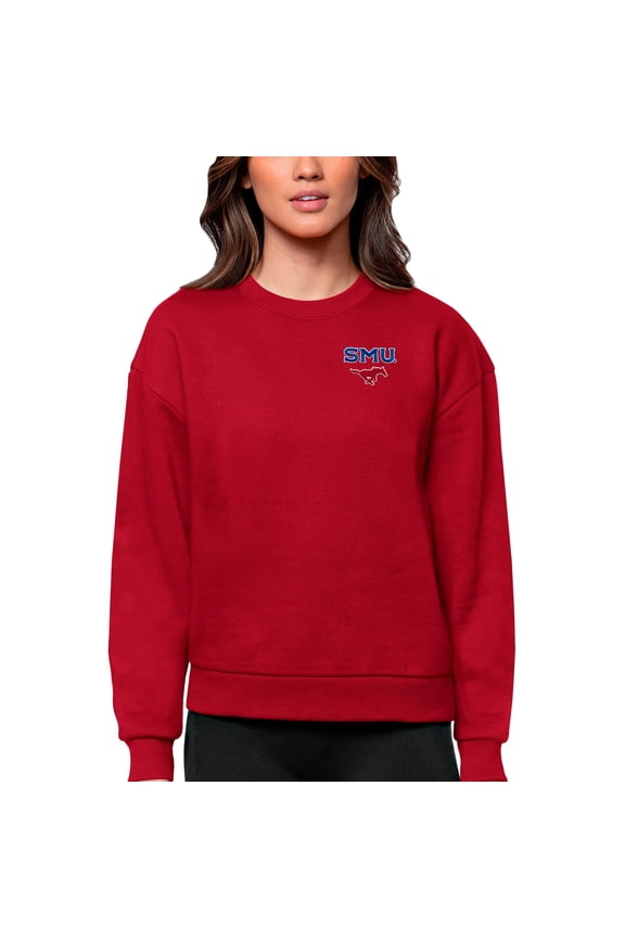 Women's Antigua Red SMU Mustangs Logo Victory Crewneck Pullover Sweatshirt